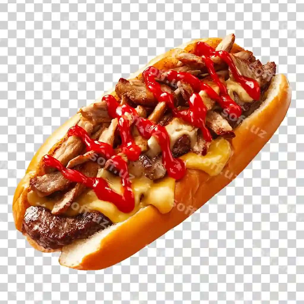 Realistik rasm mazali qattiqqacha hot dog ketchup sos bilan isolatsiyalangan | Realistic image delicious cheesy hot dog with ketchup sauce isolated