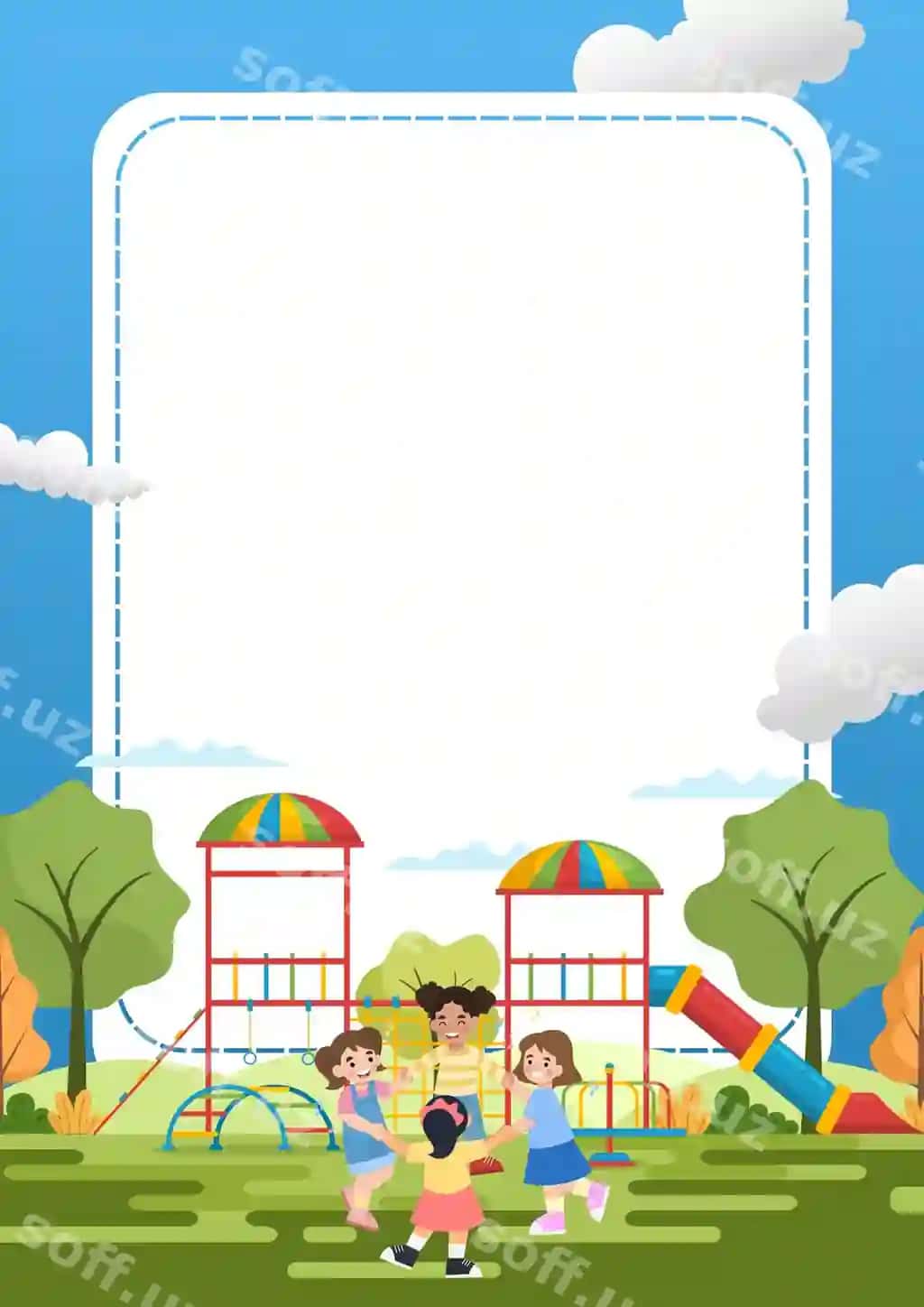 Ko'k yashil namunalari bolalar birgalikda o'ynayotgan tashqi sahifa chetlar A4 1 | Blue green illustrative childrens playing together outdoor page border a4 1