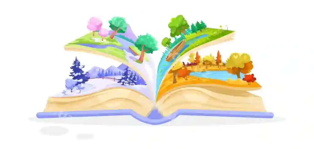 Ochilgan kitob ichida to'rt mavsum manzarasi vektor illustratsiyasi | Open book with four seasons landscape inside vector illustration