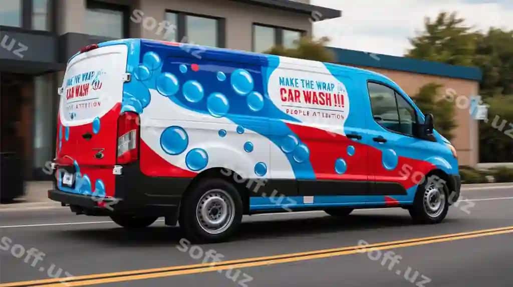"Avtomobil yuvish" yozuvi tushirilgan yon tomonida qizil, oq va ko'k rangga bo'yalgan mikroavtobus | Van with word car wash side is painted red white blue