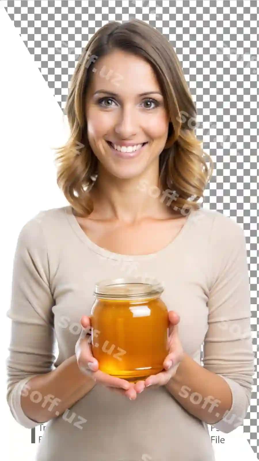 Ayol shirinlik bankasini tutgan gulman | Woman holding jar honey smiling 2