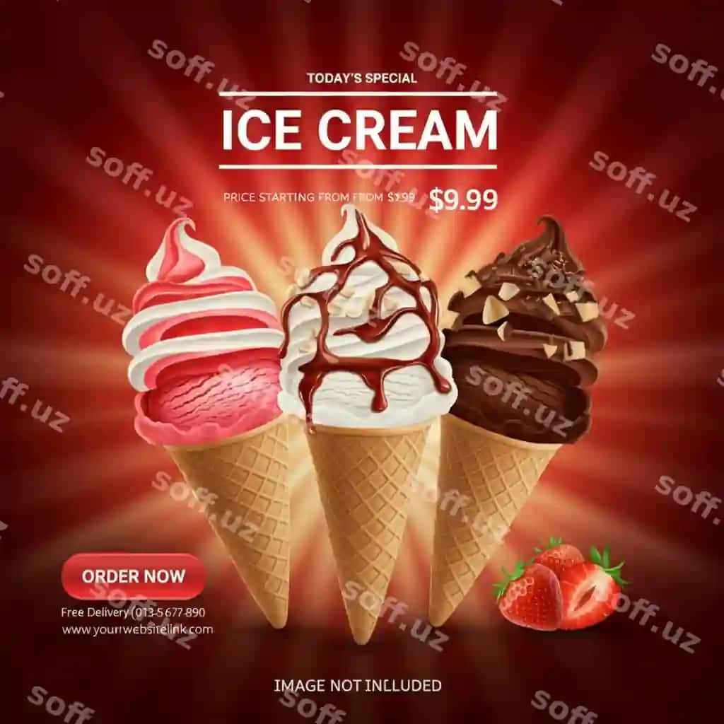 Reklama muzza qizil fon bilan | Ad ice cream with red background