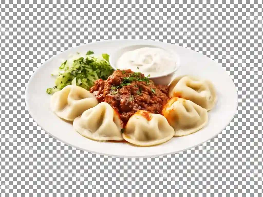 Shaffof fonga ega mazali momos plastinkasi | Tasty momos plate with transparent background