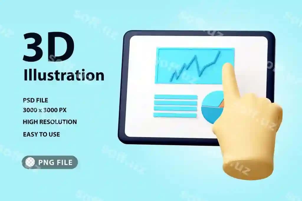 3d illustratsiya qoliq plansheta biznes analitikasi bilan | 3d illustration hand tablet with business analytics