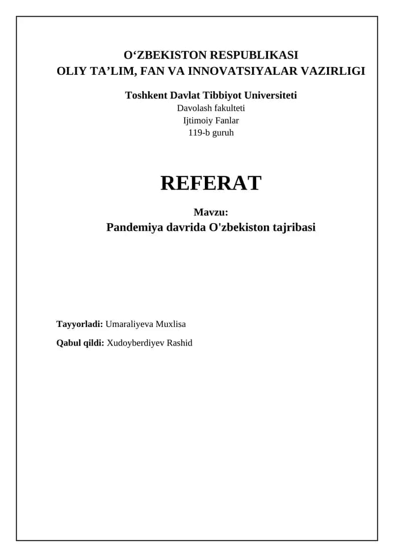 Pandemiya davrida O'zbekiston tajribasi