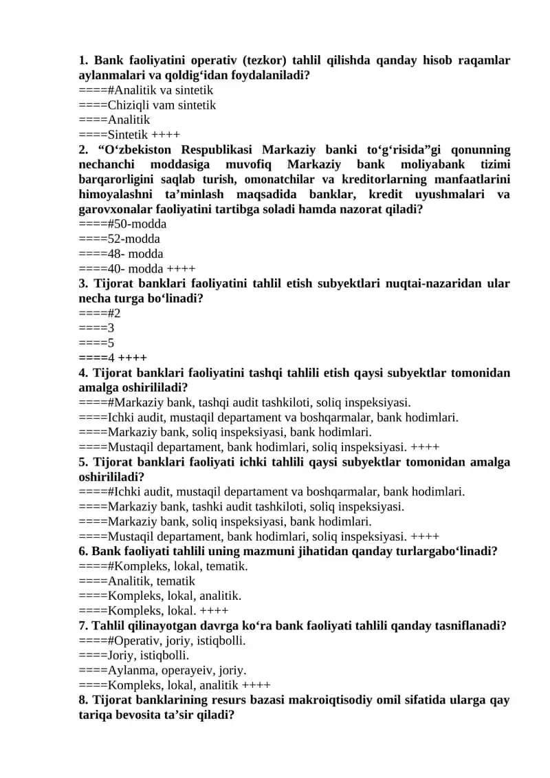 Banklarda buxgalteriya hisobi  fanidan test 220 ta