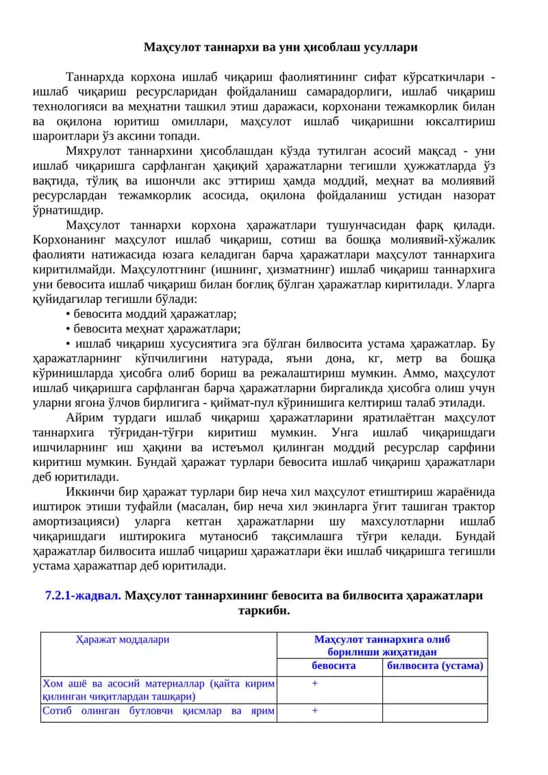 Маҳсулот таннархи ва уни ҳисоблаш усуллари