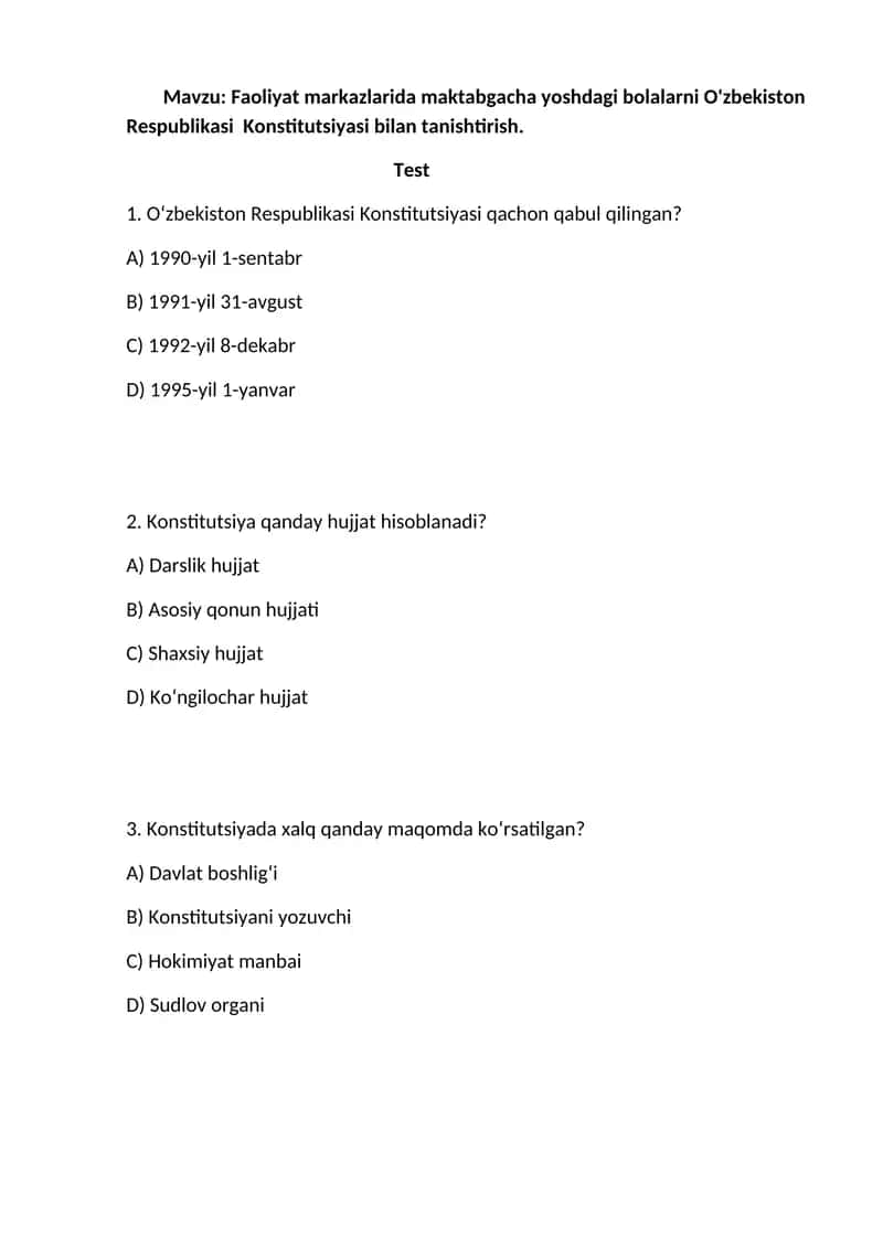 Faoliyat markazlarida maktabgacha yoshdagi bolalarni O'zbekiston Respublikasi Konstitutsiyasi bilan tanishtirish