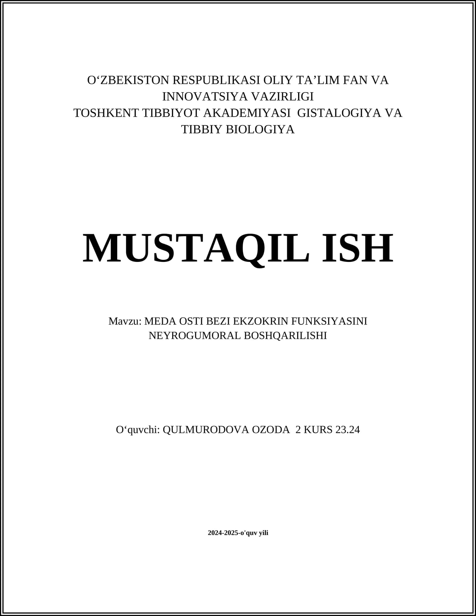 MEDA OSTI BEZI EKZOKRIN FUNKSIYASINI NEYROGUMORAL BOSHQARILISHI