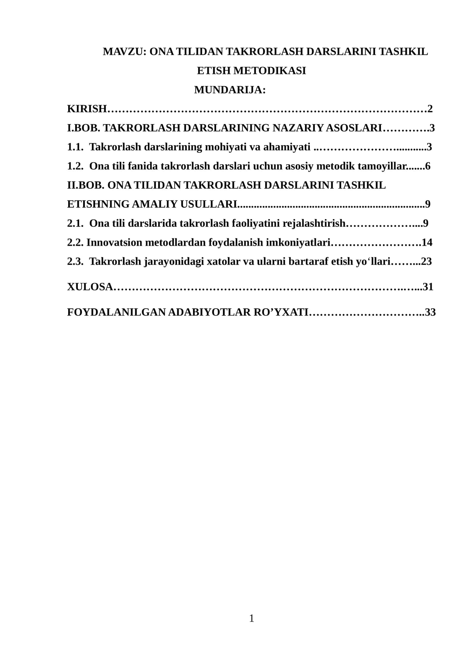ONA TILIDAN TAKRORLASH DARSLARINI TASHKIL ETISH METODIKASI
