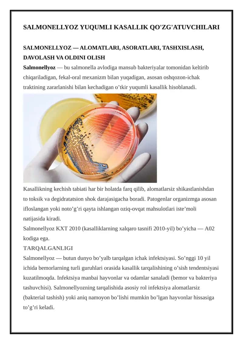 Salmonellyoz yuqumli kasallik qo'zg'atuvchilari