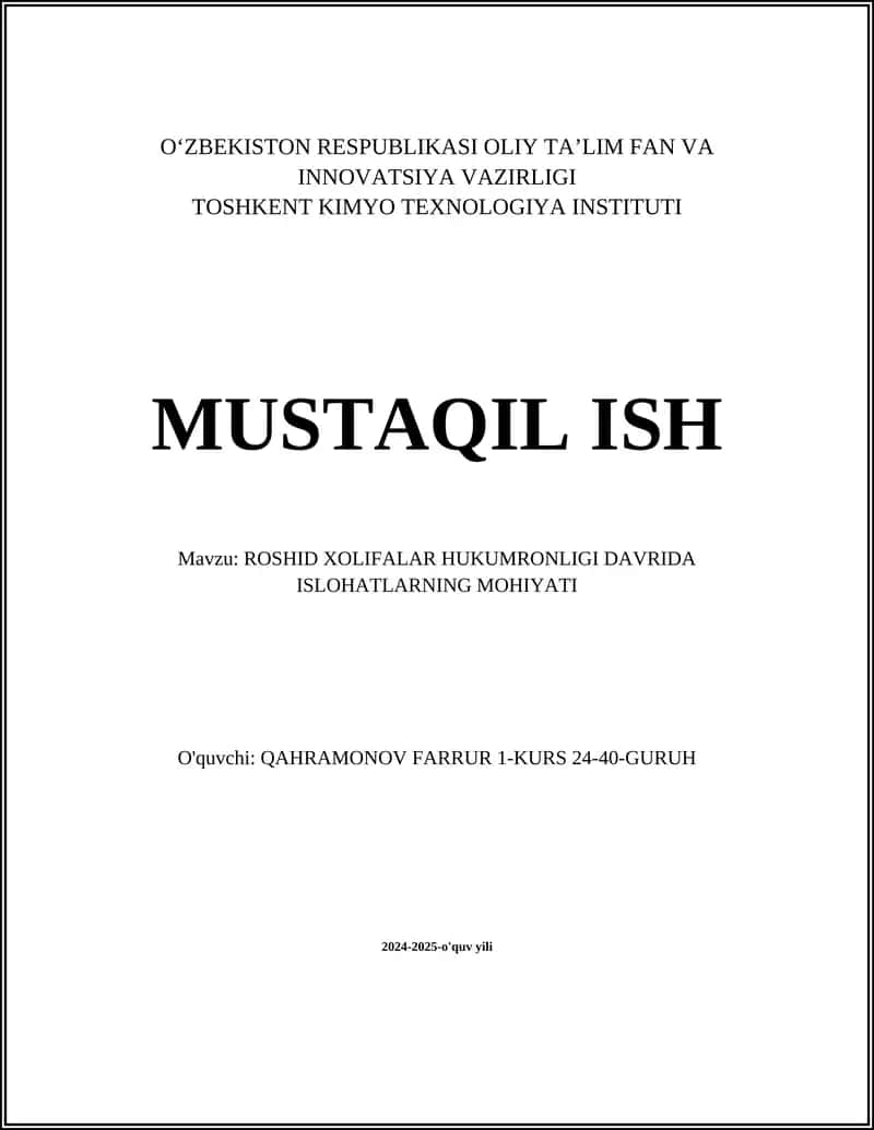 ROSHID XOLIFALAR HUKUMRONLIGI DAVRIDA ISLOHATLARNING MOHIYATI