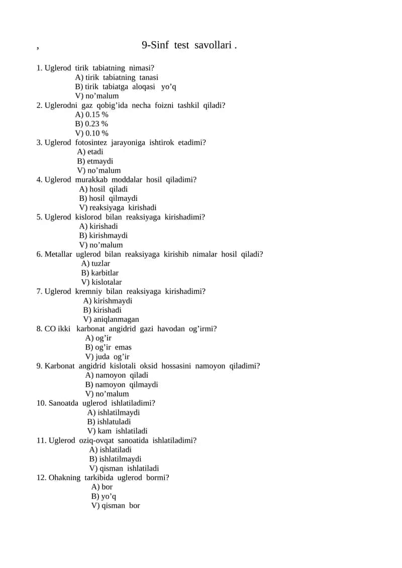 9-Sinf test savollari
