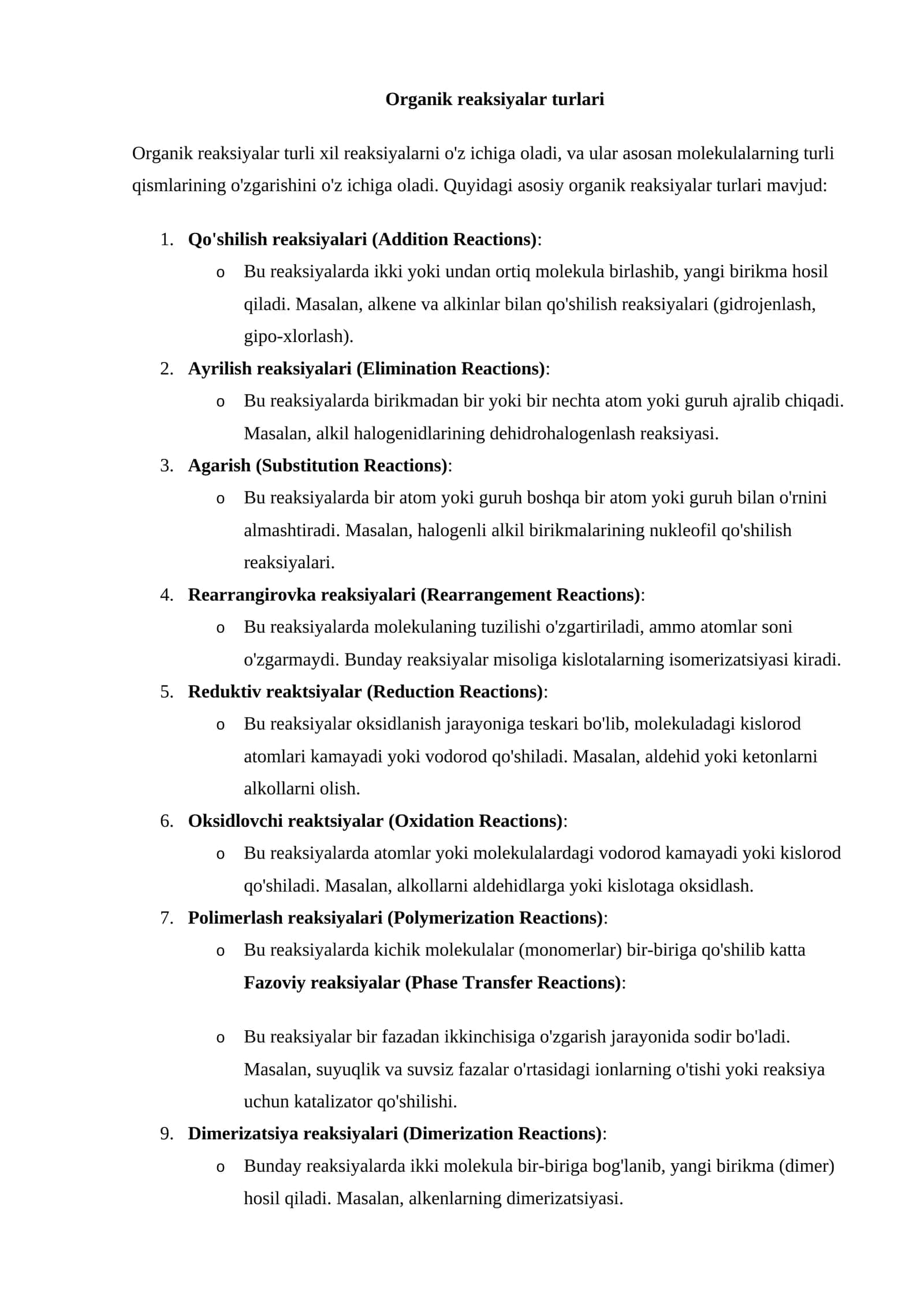 Organik reaksiyalar turlari