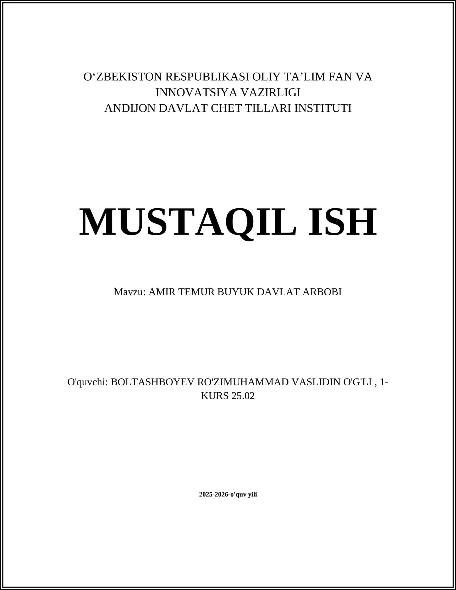 AMIR TEMUR BUYUK DAVLAT ARBOBI