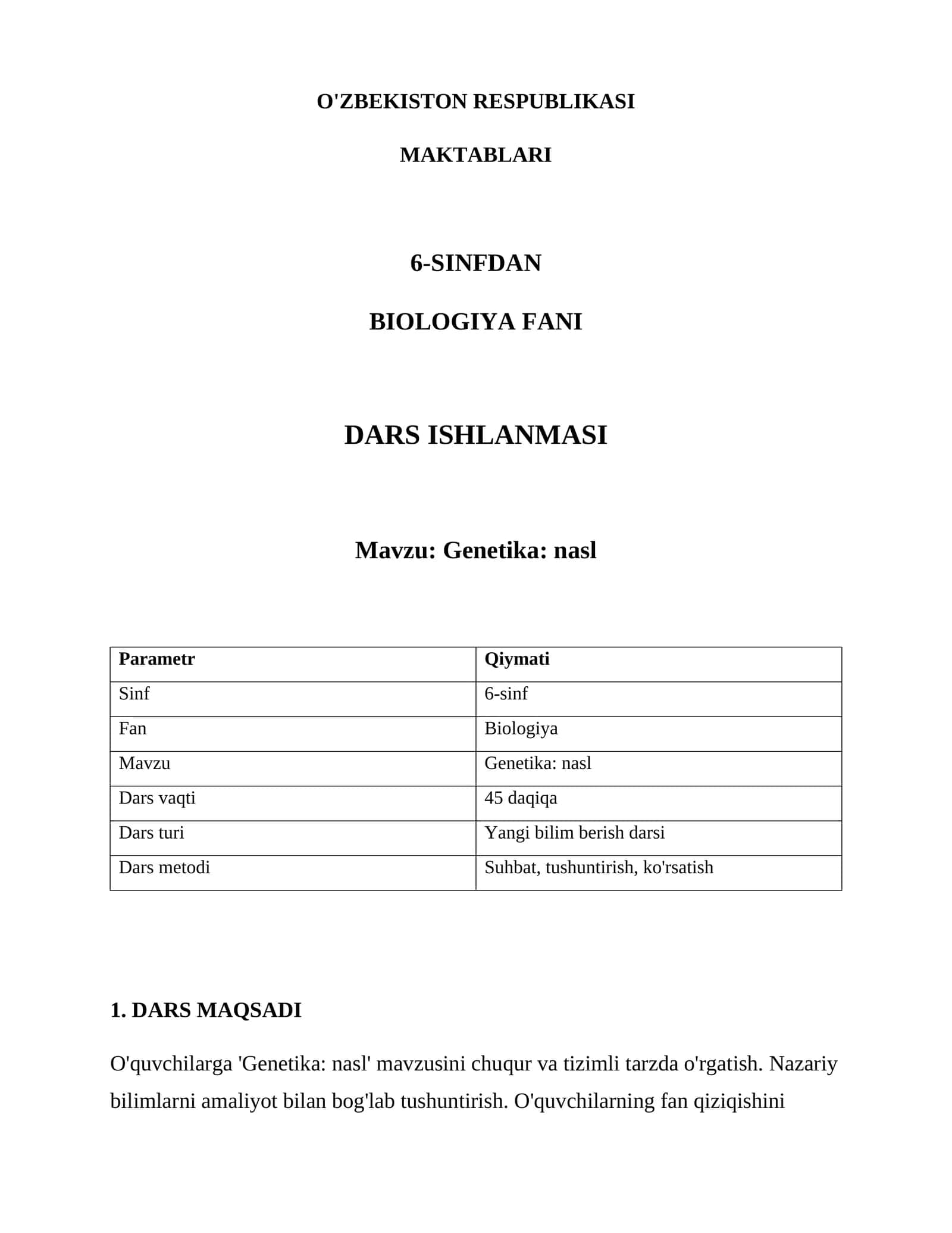 Genetika: nasl Dars Ishlanmasi