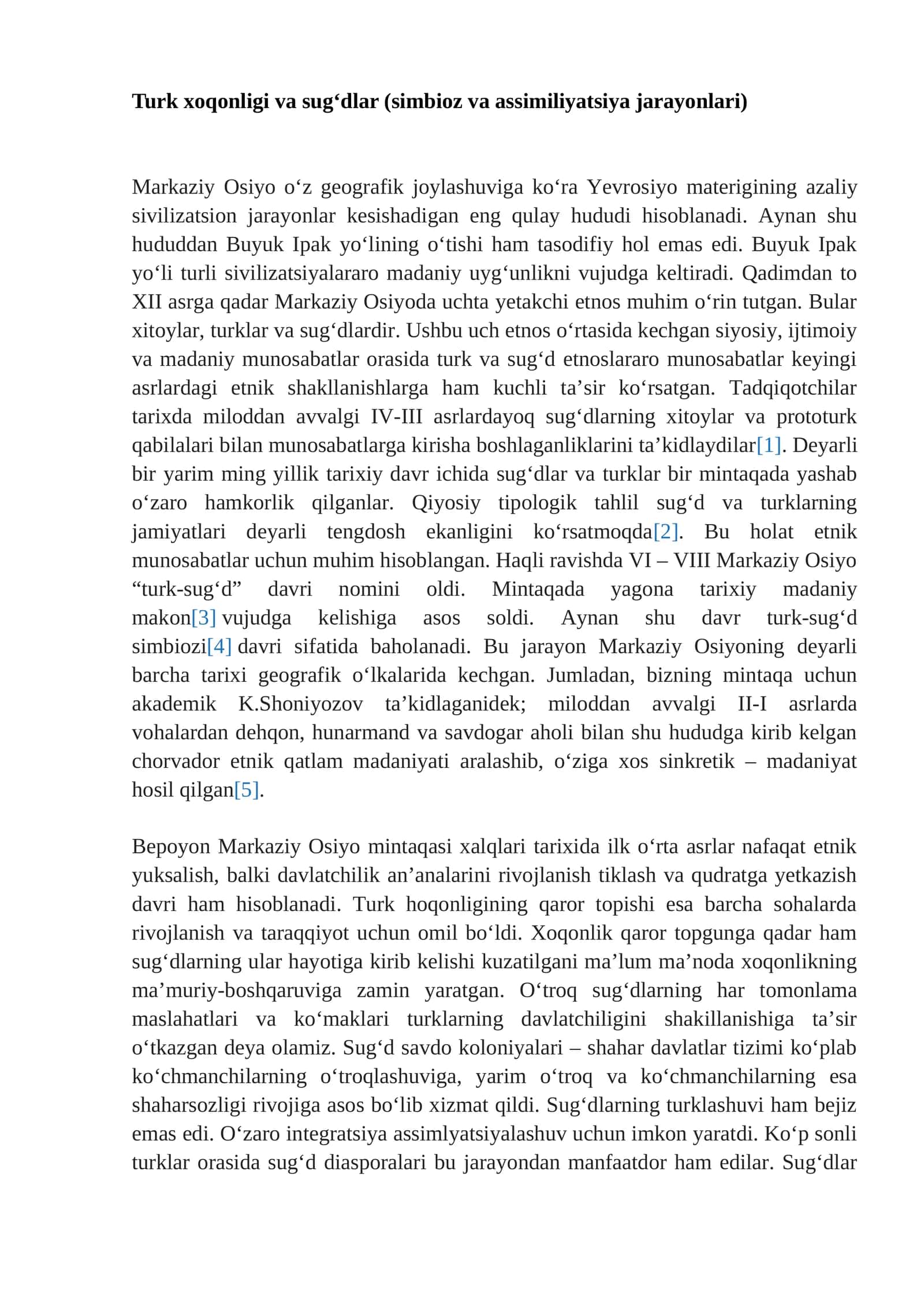 Turk xoqonligi va sug‘dlar (simbioz va assimiliyatsiya jarayonlari)