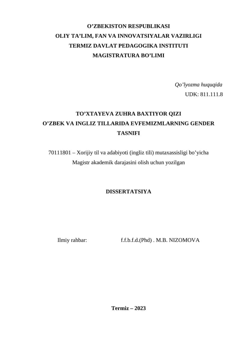 O’ZBEK VA INGLIZ TILLARIDA EVFEMIZMLARNING GENDER TASNIFI