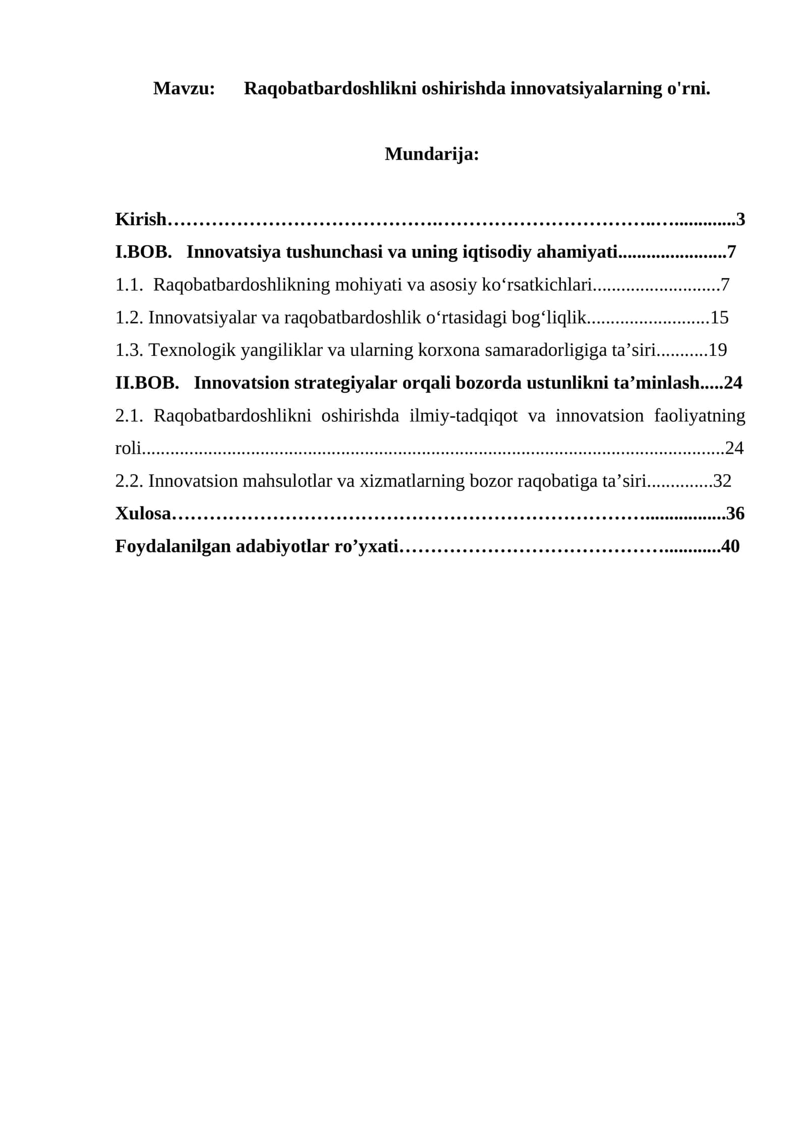 Raqobatbardoshlikni oshirishda innovatsiyalarning o'rni