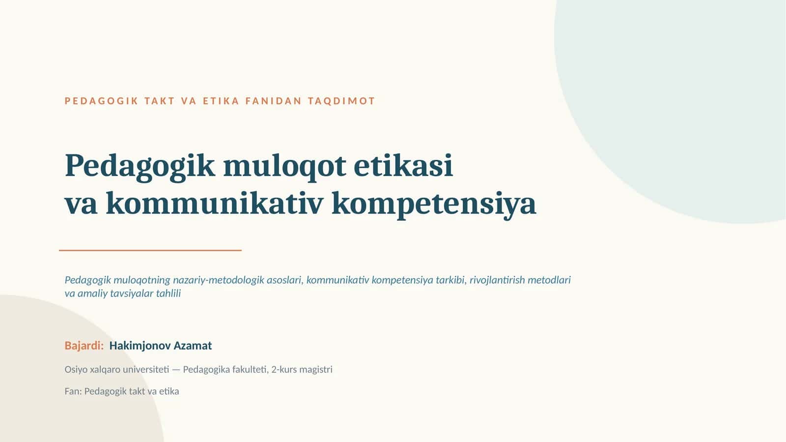 PEDAGOGIK TAKT VA ETIKA FANIDAN TAQDIMOT
