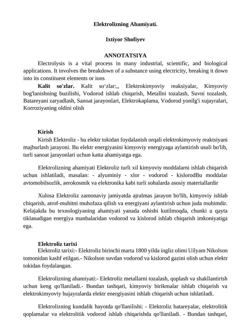Elektrolizning Ahamiyati