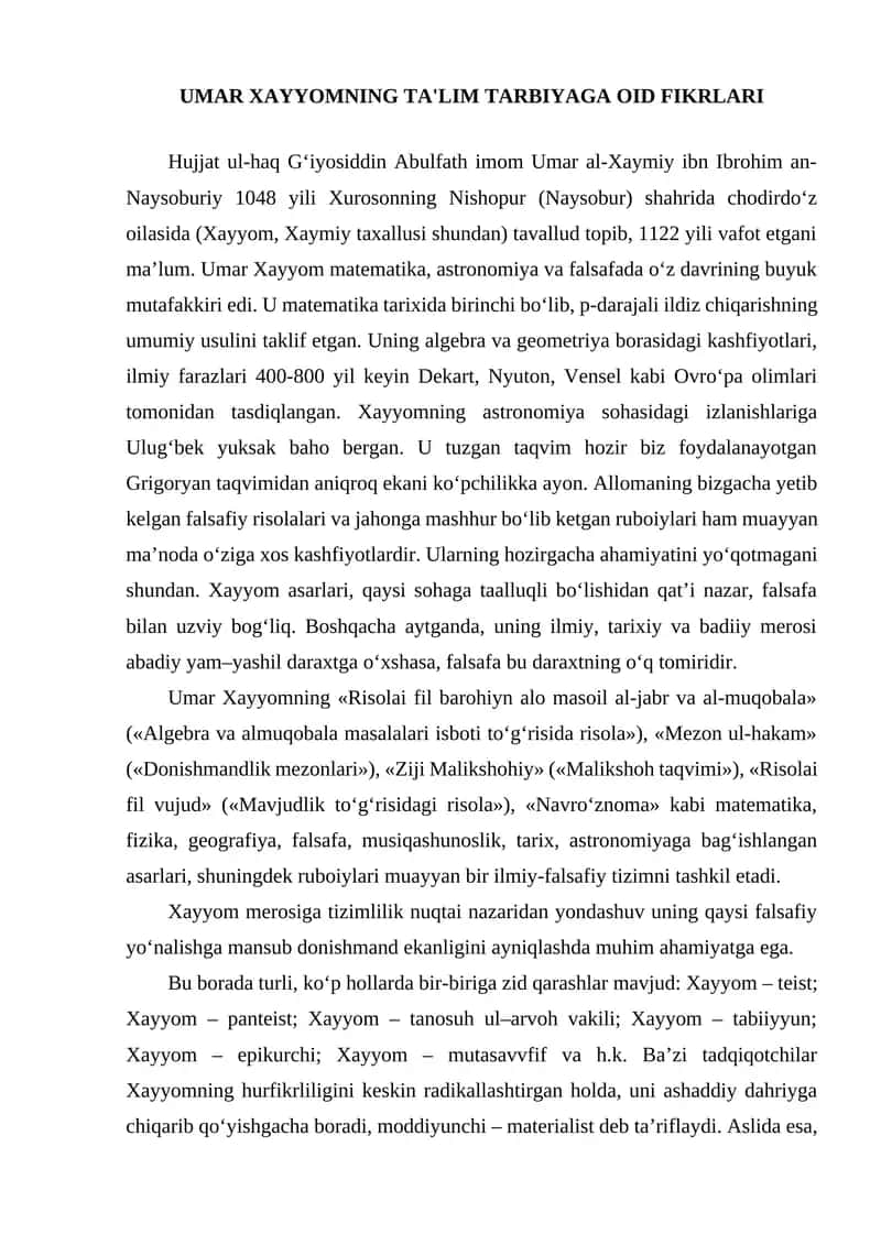UMAR XAYYOMNING TA'LIM TARBIYAGA OID FIKRLARI