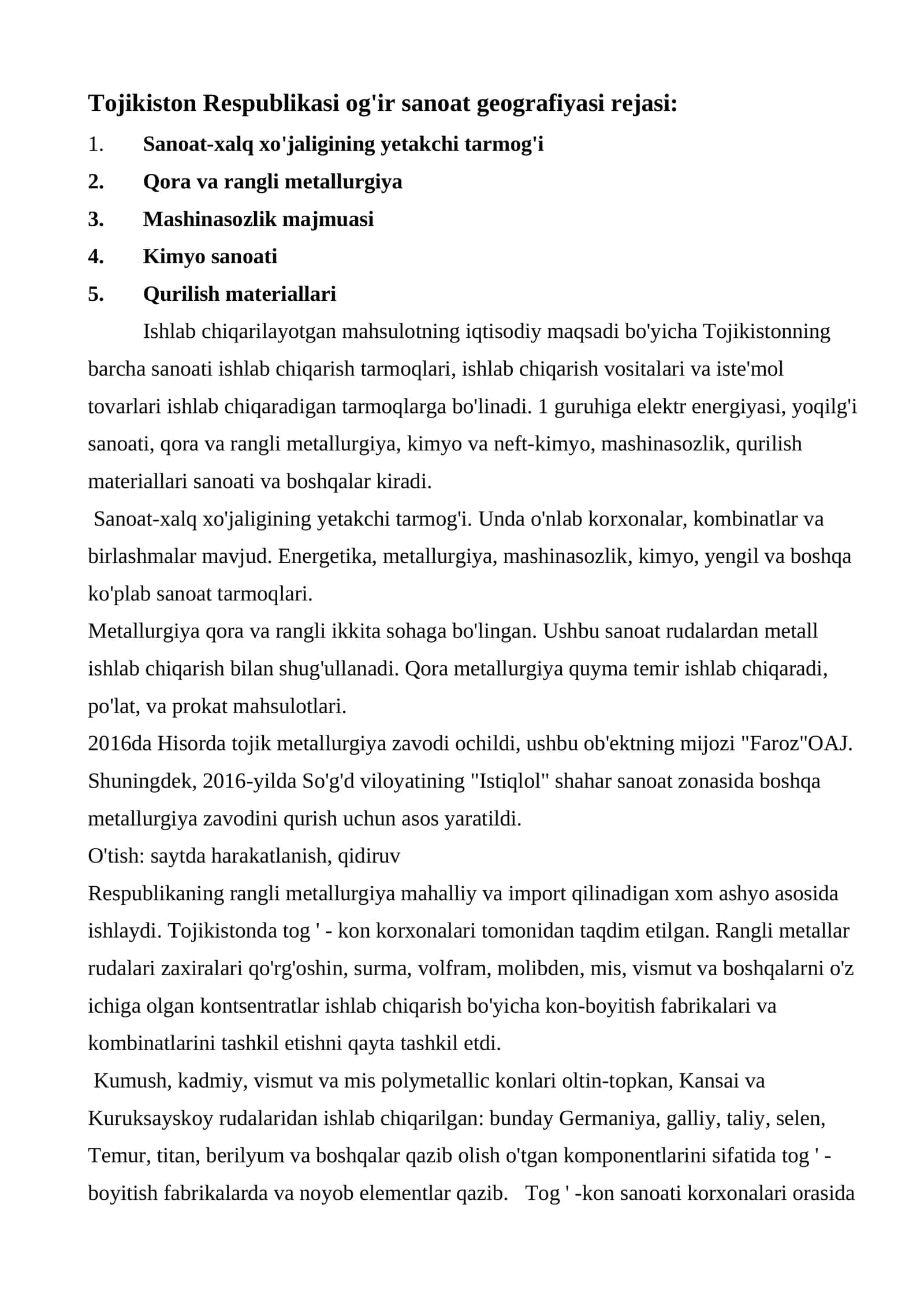 Tojikiston Respublikasi og'ir sanoat geografiyasi rejasi