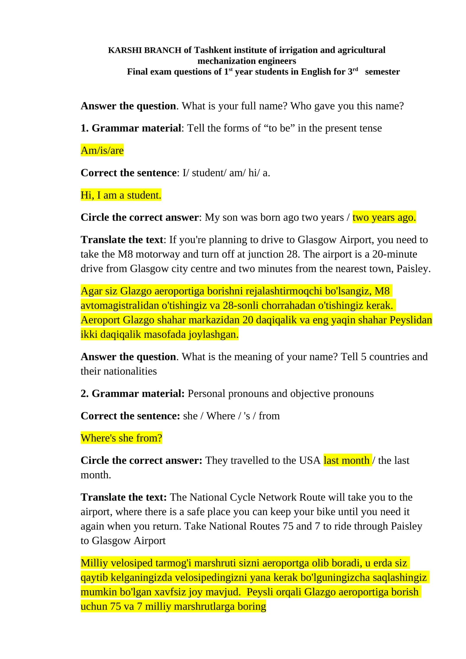 Final exam questions of 1st year students in English for 3rd semester
