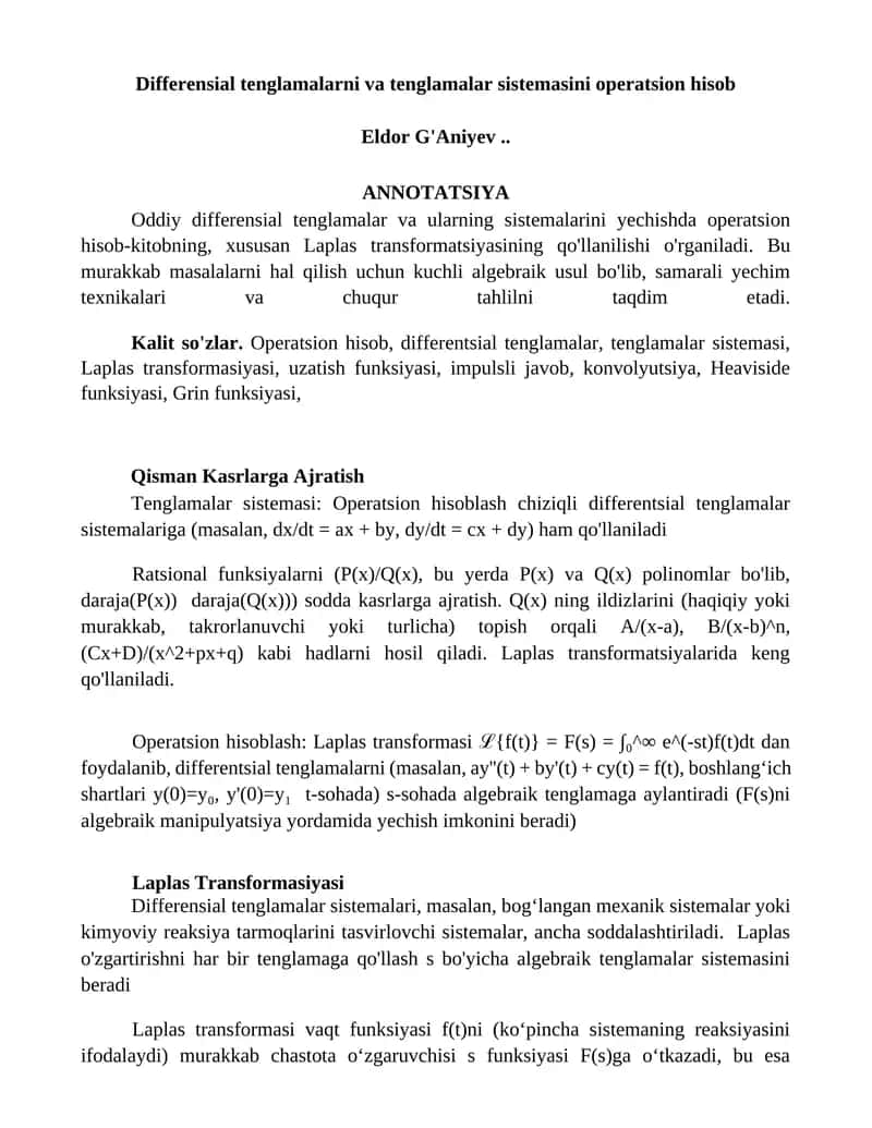 Differensial tenglamalar va tenglamalar sistemasini operatsion hisob