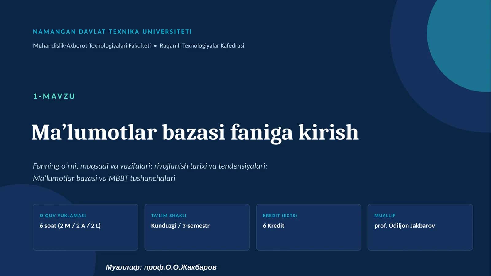 Ma’lumotlar bazasi faniga kirish