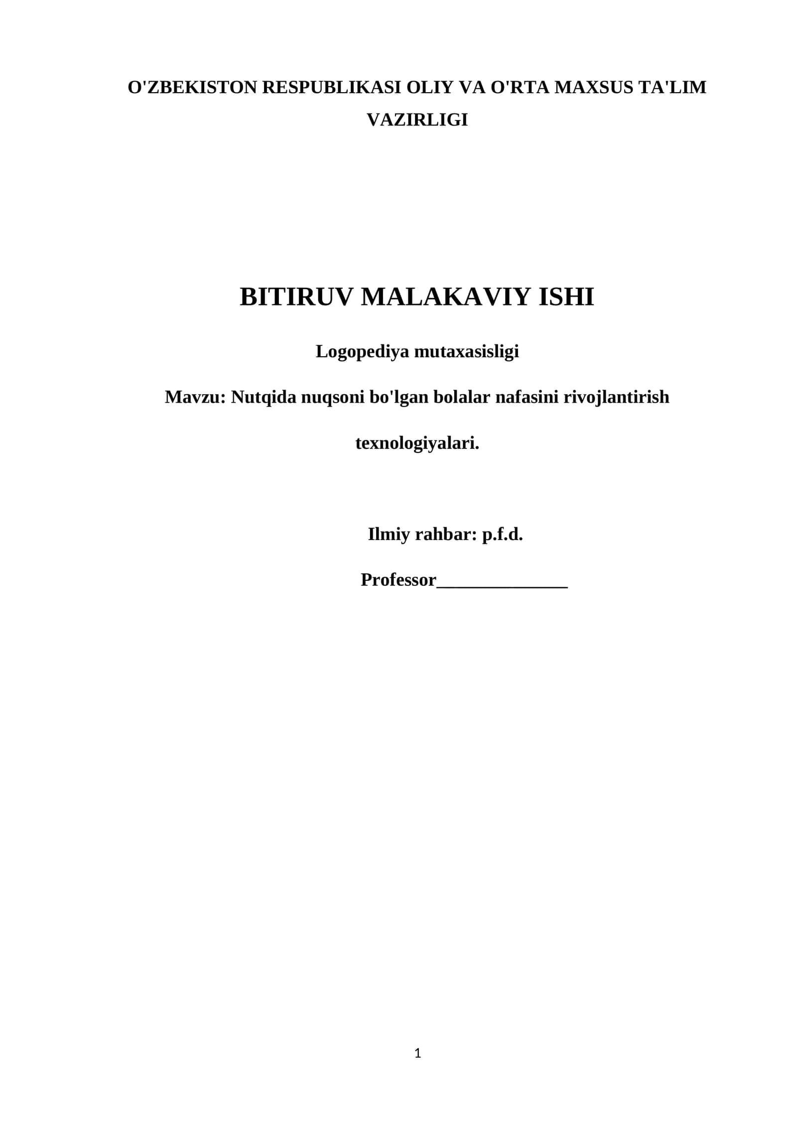 Nutqida nuqsoni bo'lgan bolalar nafasini rivojlantirish texnologiyalari 1