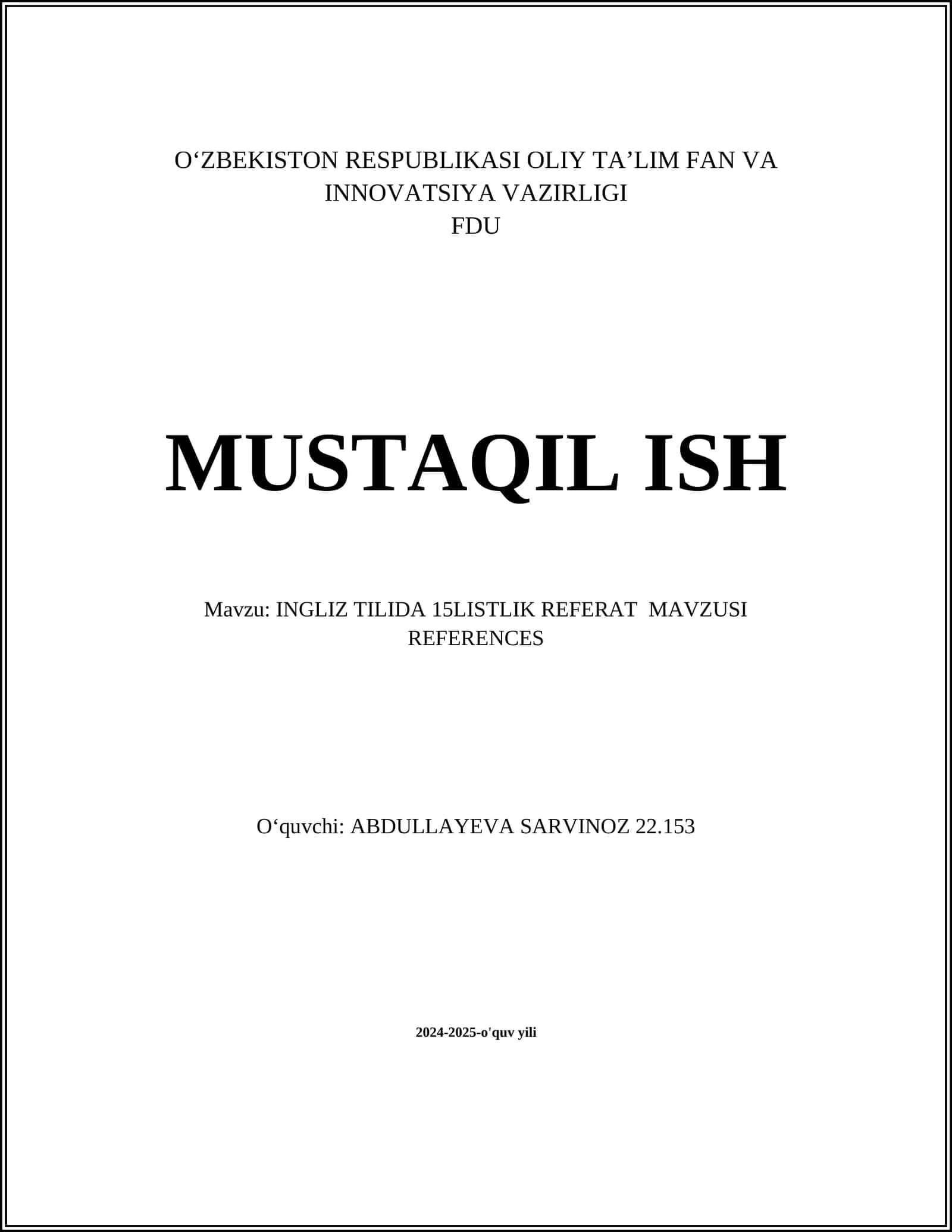 INGLIZ TILIDA 15LISTLIK REFERAT MAVZUSI REFERENCES