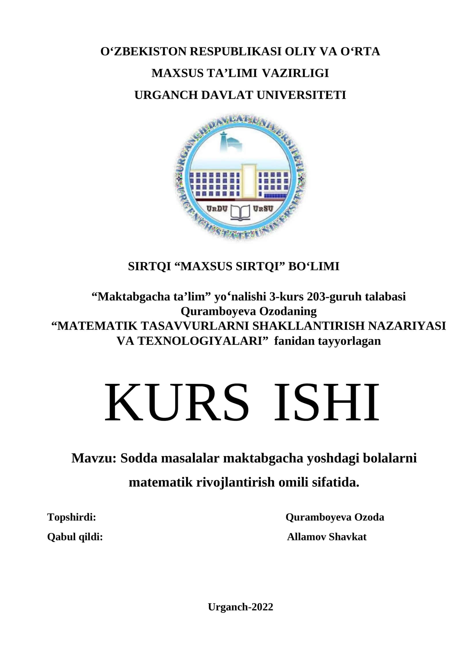 Sodda masalalar maktabgacha yoshdagi bolalarni matematik rivojlantirish omili sifatida