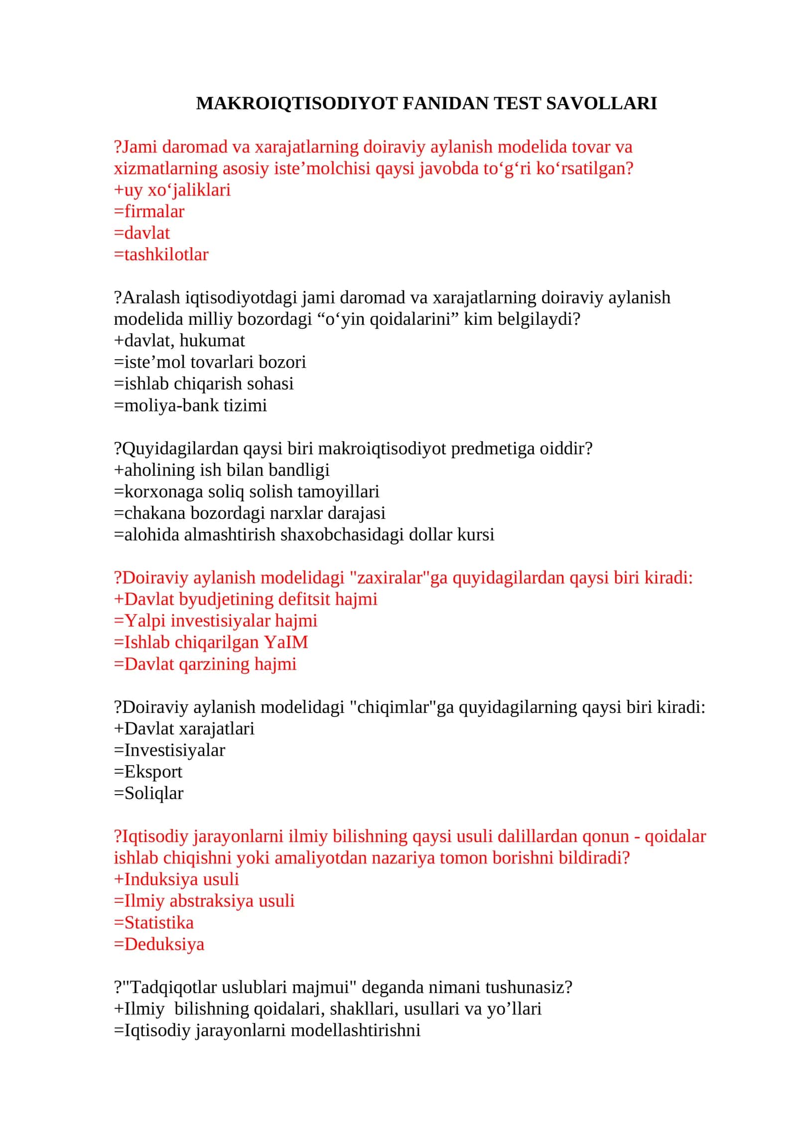 MAKROIQTISODIYOT FANIDAN TEST SAVOLLARI