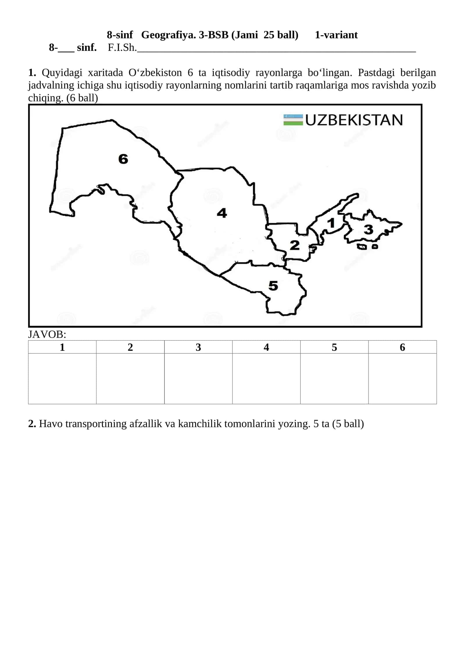 8-sinf Geografiya. 3-BSB (Jami 25 ball) 1-variant