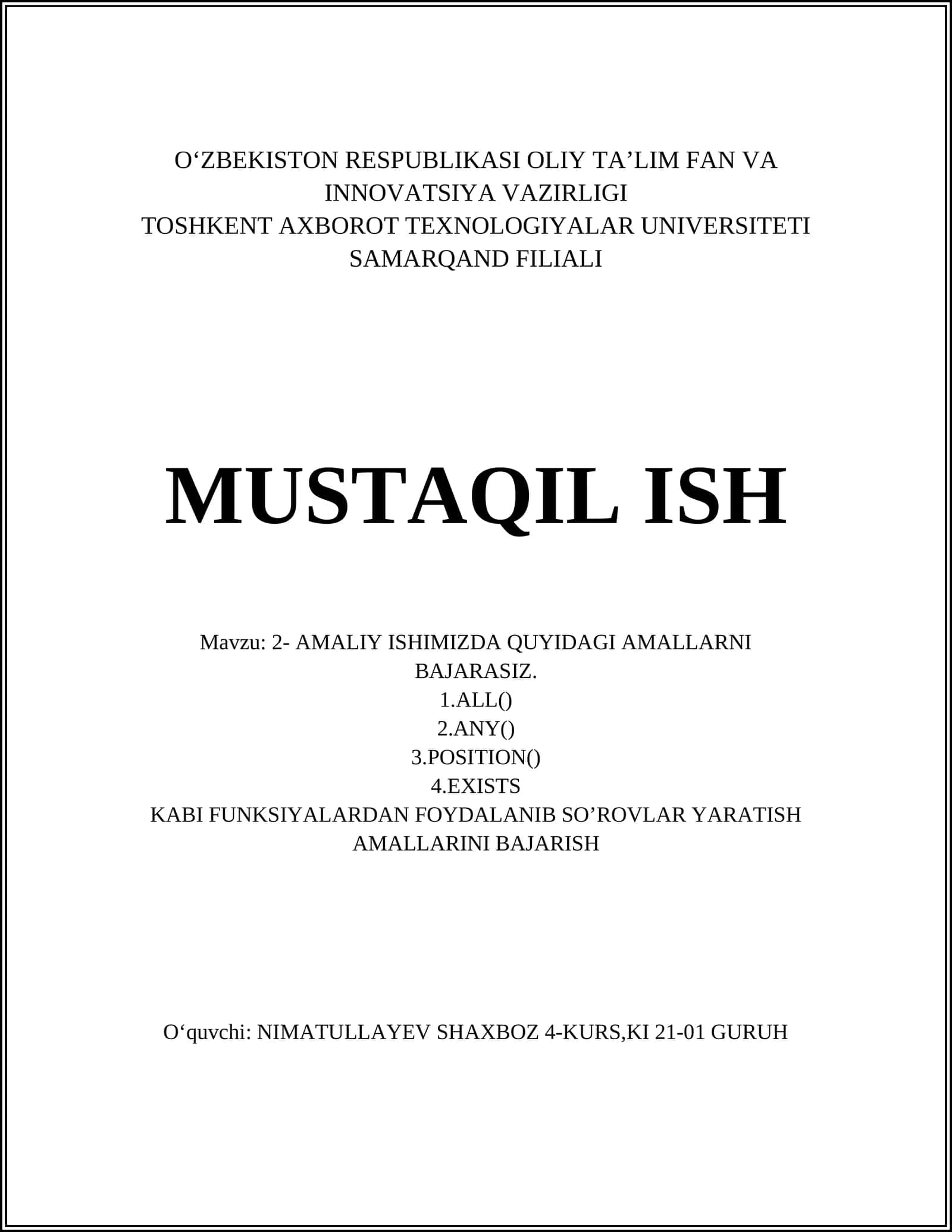 ALL() funksiyasidan foydalanish