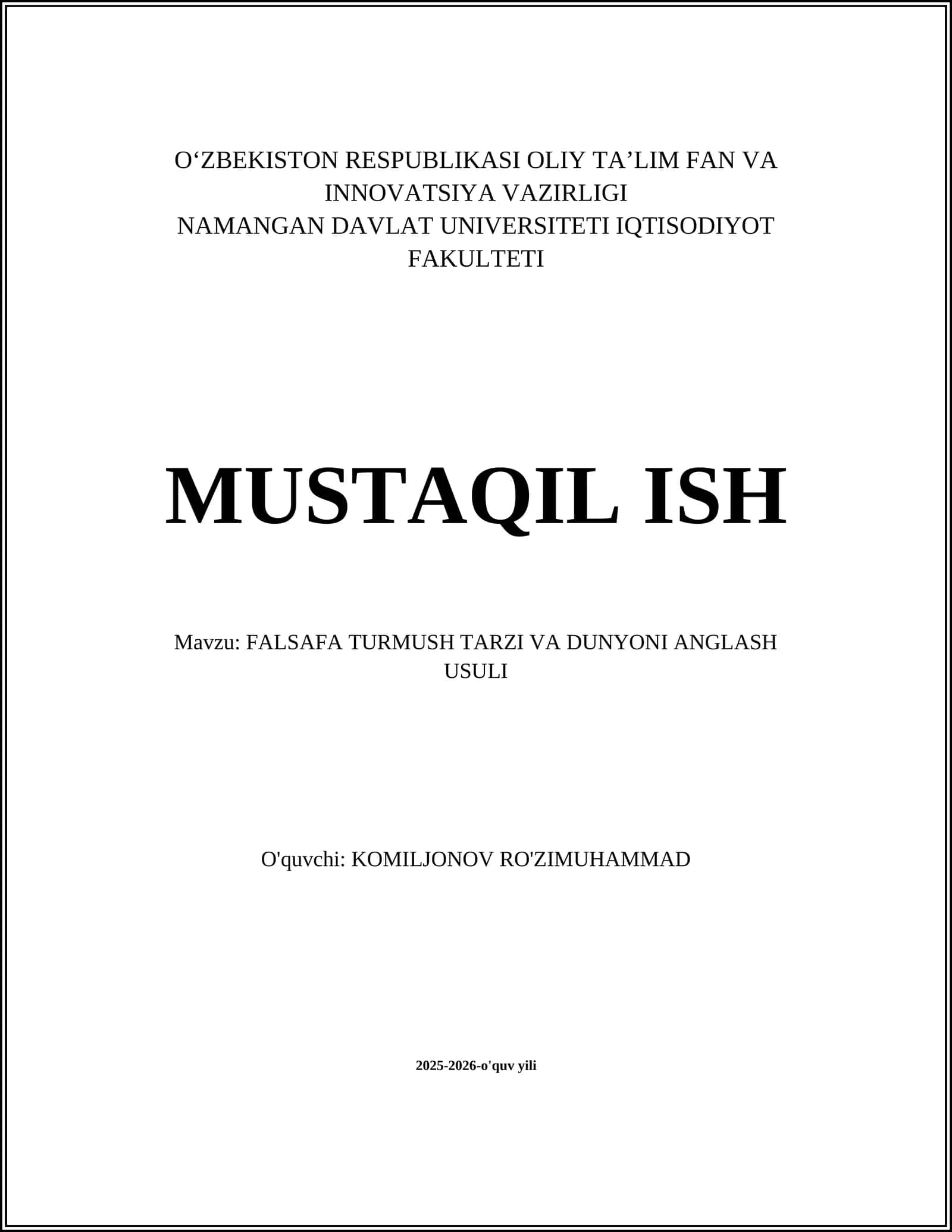 FALSAFA TURMUSH TARZI VA DUNYONI ANGLASH USULI