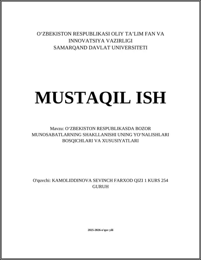 O‘zbekistonda Bozor Munosabatlarining Iqtisodiy-tarixiy Asoslari