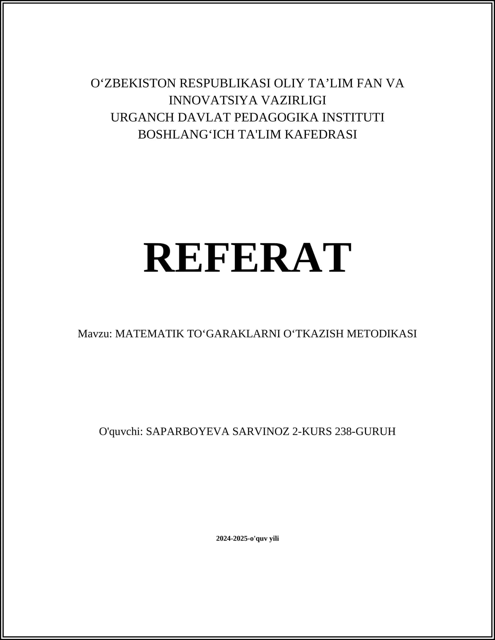 MATEMATIK TOʻGARAKLARNI OʻTKAZISH METODIKASI