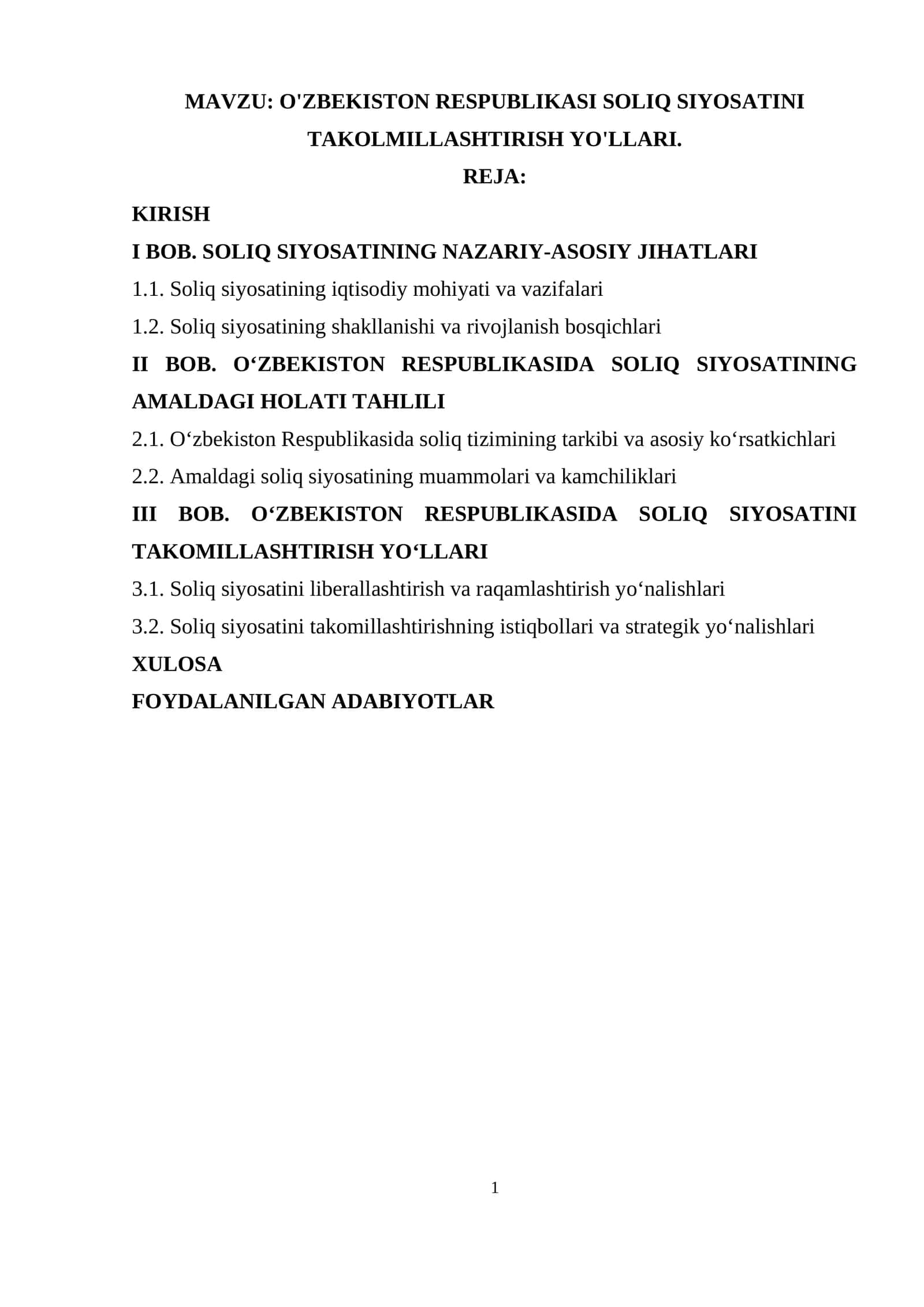 O‘ZBEKISTON RESPUBLIKASI SOLIQ SIYOSATINI TAKOLMILLASHTIRISH YO'LLARI