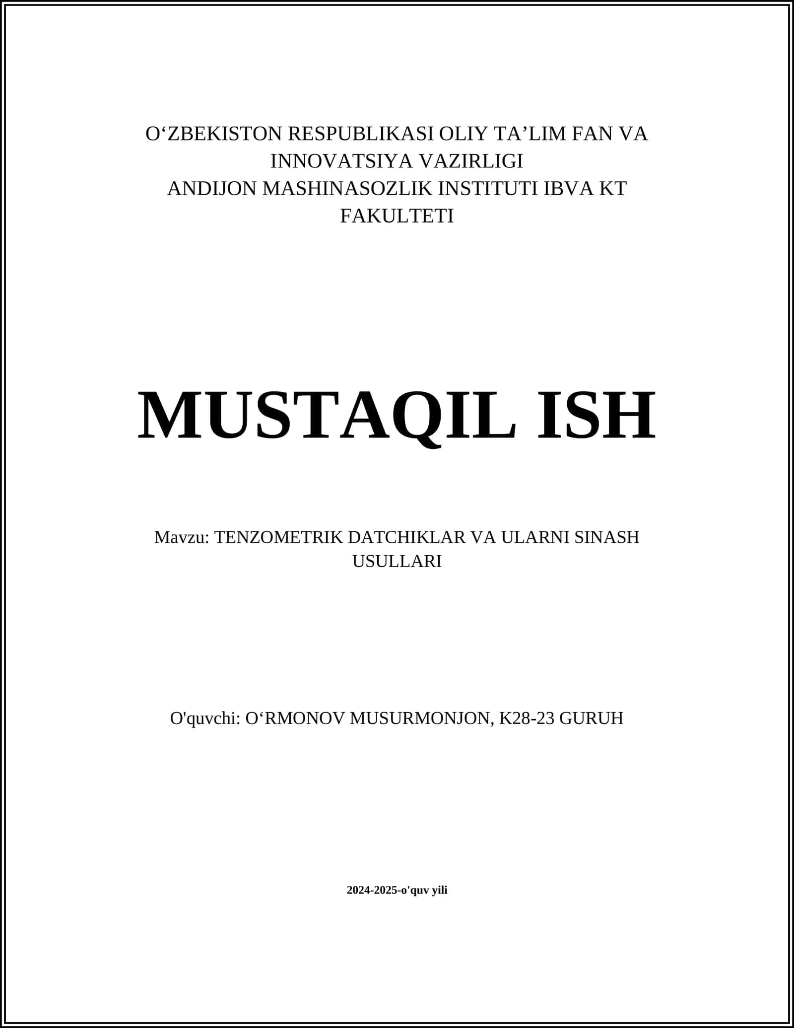 TENZOMETRIK DATCHIKLAR VA ULARNI SINASH USULLARI
