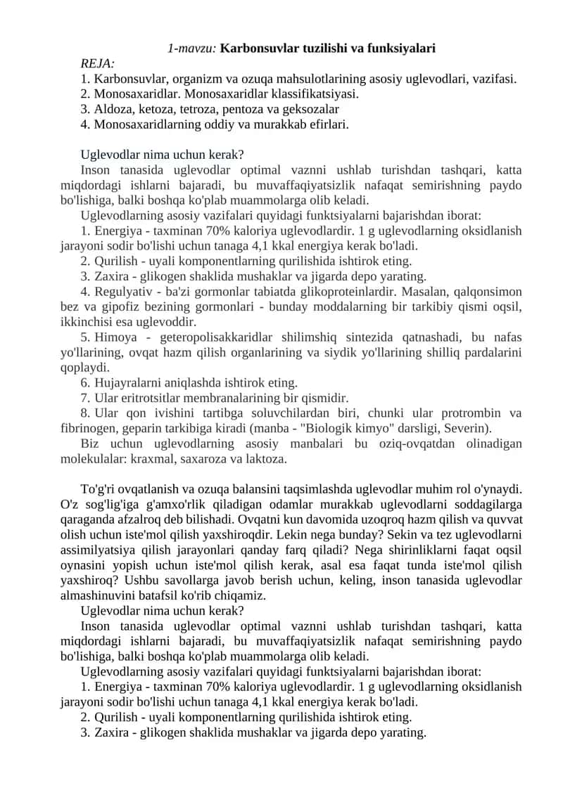 Karbonsuvlar tuzilishi va funksiyalari