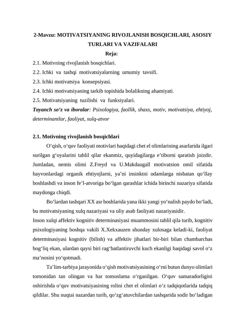 MOTIVATSIYANING RIVOJLANISH BOSQICHLARI