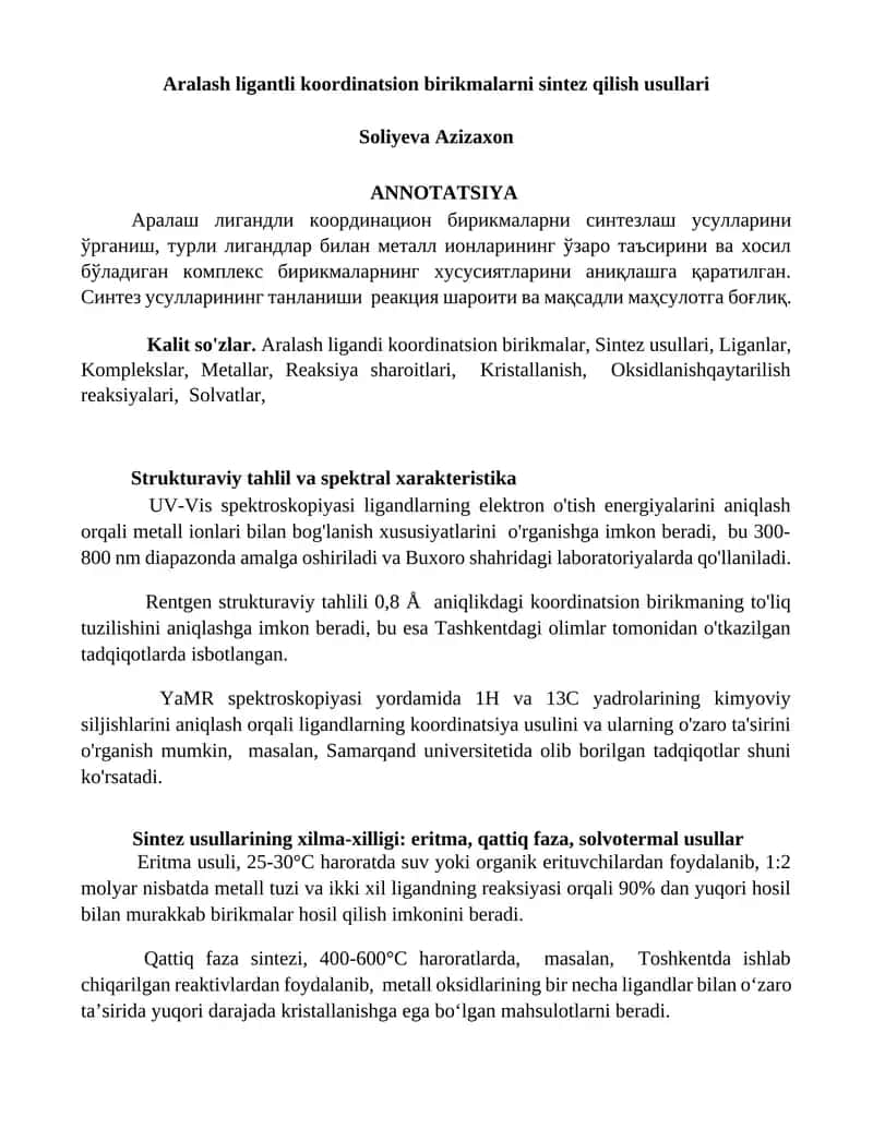 Aralash ligantli koordinatsion birikmalarni sintez qilish usullari