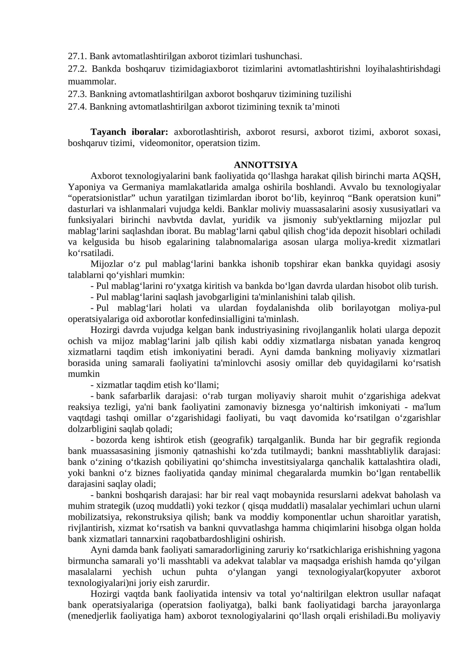 Bank avtomatlashtirilgan axborot tizimlari tushunchasi