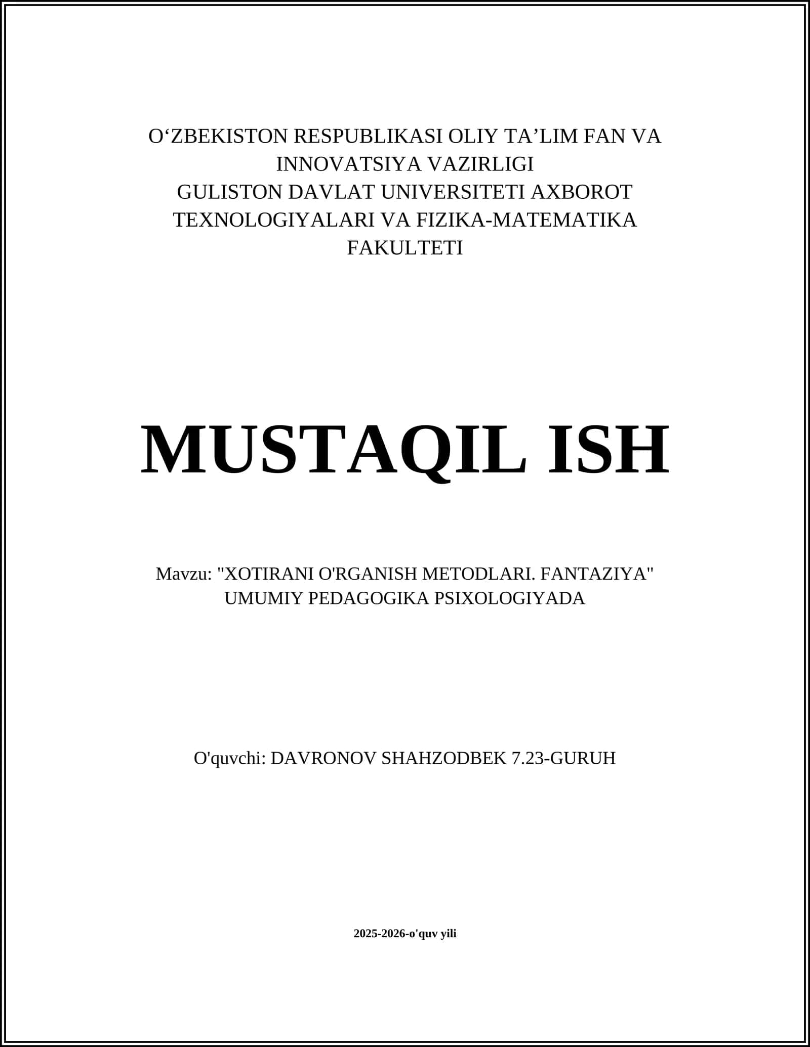 XOTIRANI O'RGANISH METODLARI. FANTAZIYA
