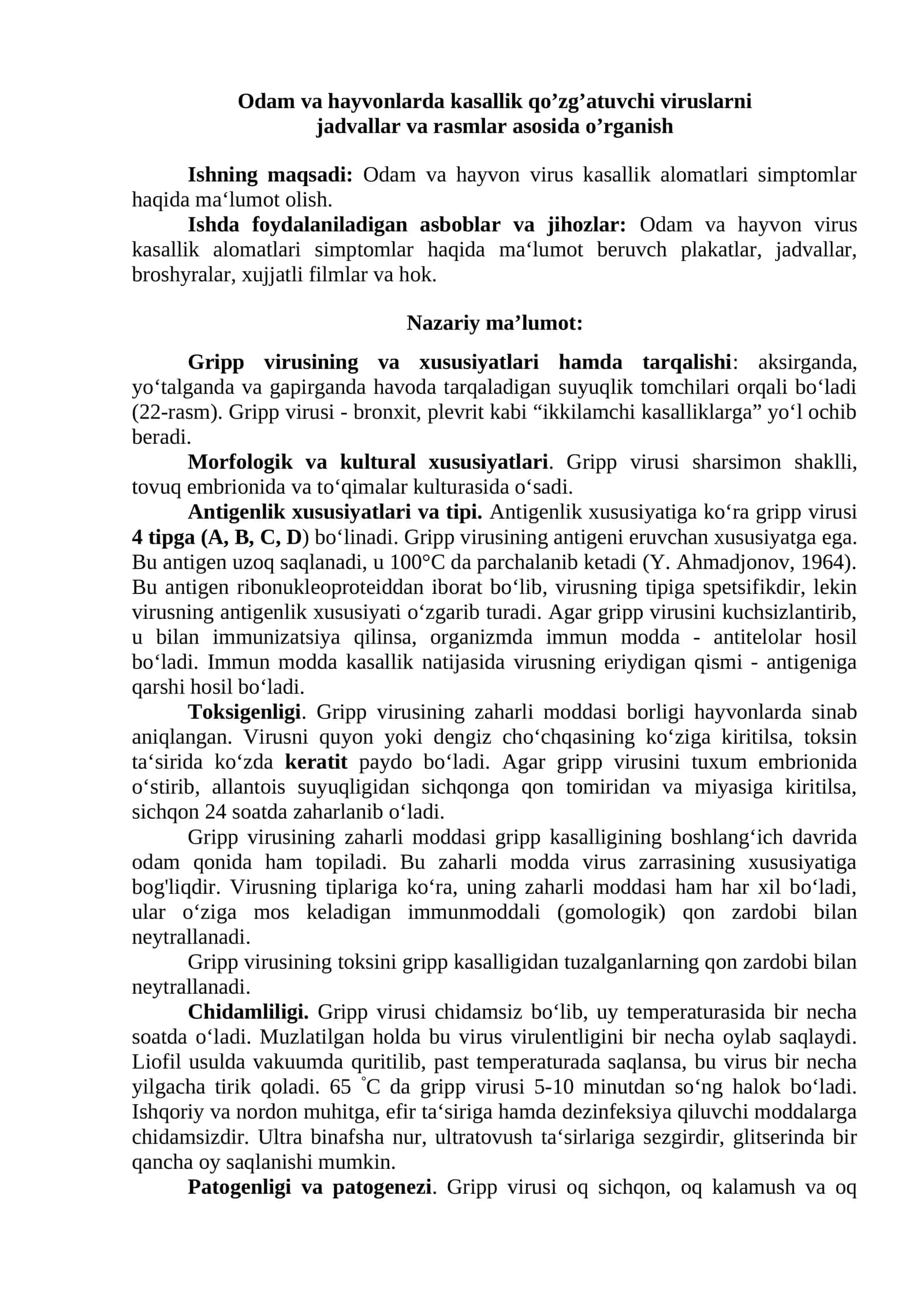 Odam va hayvonlarda kasallik qo’zg’atuvchi viruslarni jadvallar va rasmlar asosida o’rganish