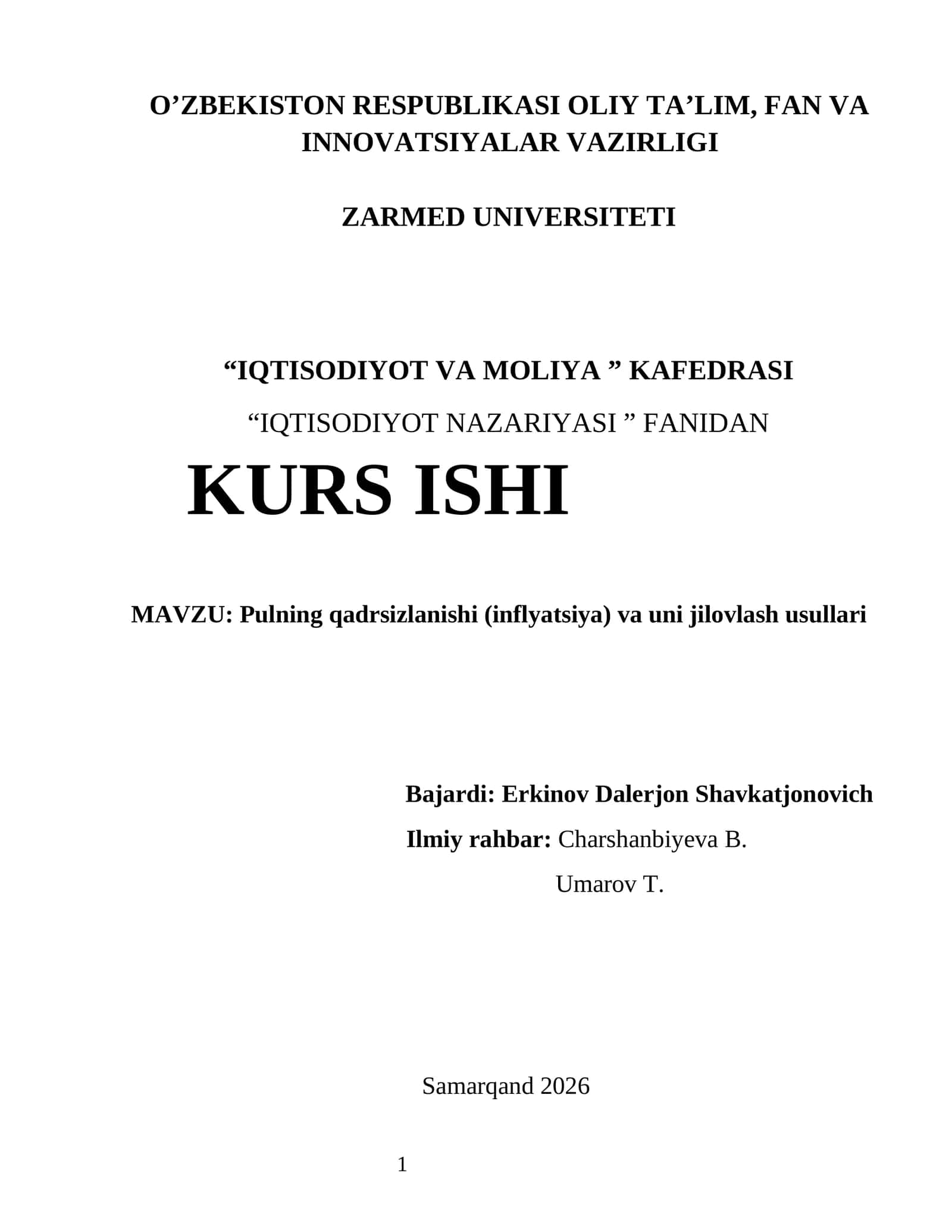 Pulning qadrsizlanishi (inflyatsiya) va uni jilovlash usullari