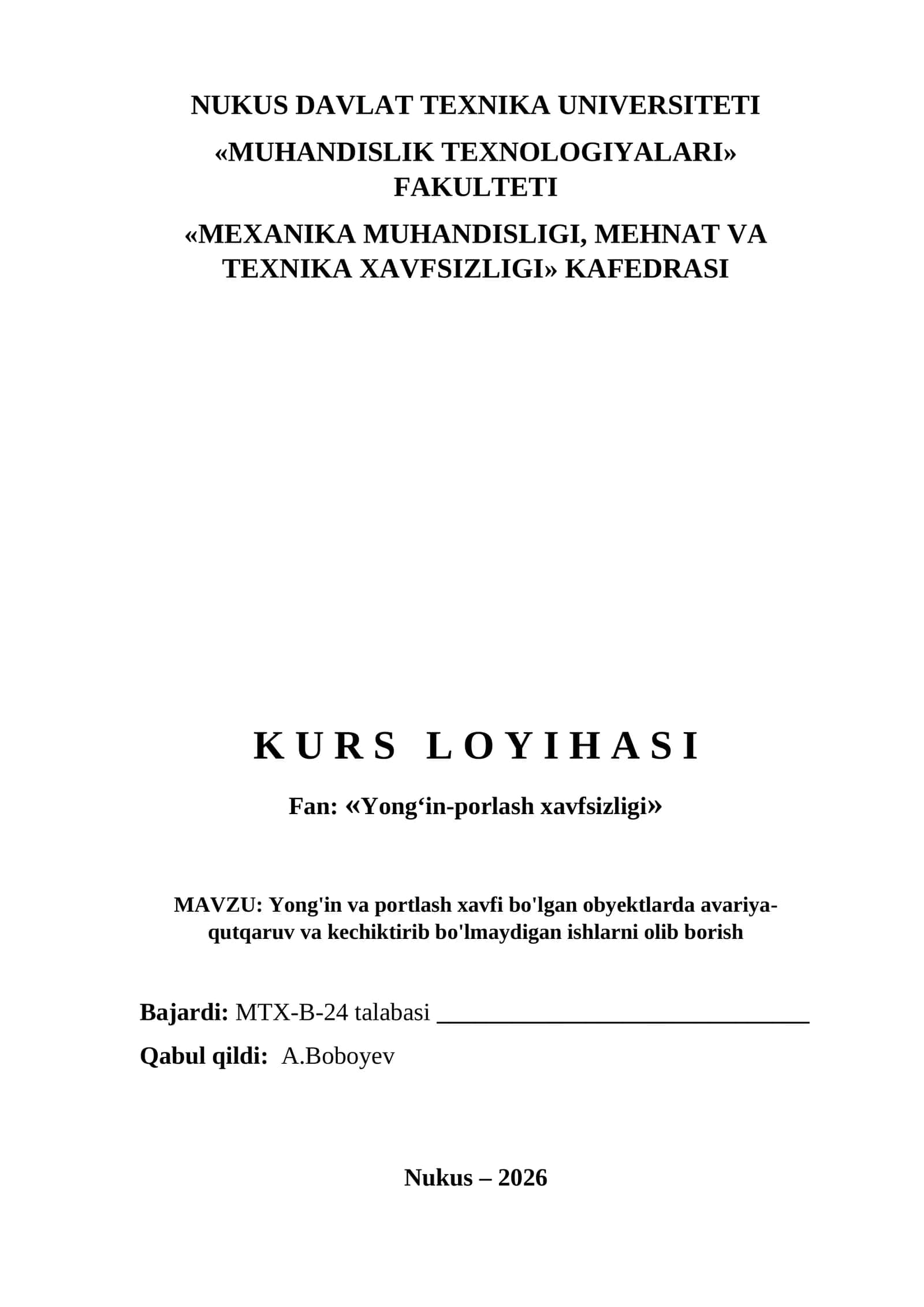 Yong'in va portlash xavfi bo'lgan obyektlarda avariya-qutqaruv va kechiktirib bo'lmaydigan ishlarni olib borish