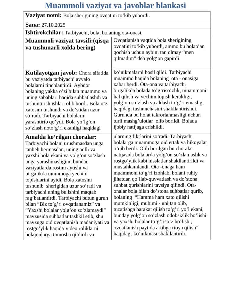 Muammoli vaziyat va javoblar blankasi